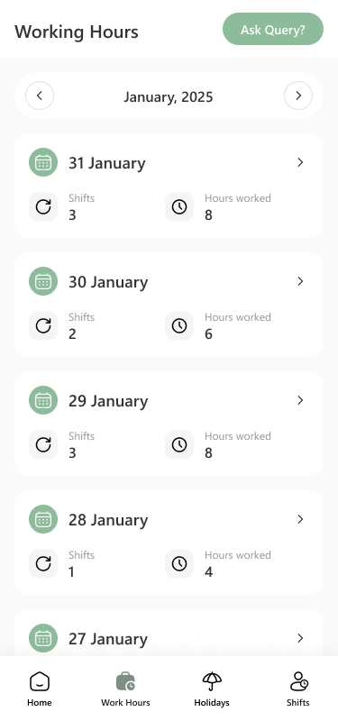 Ekran Working Hours z każdym dniem stycznia, liczbą zmian i przepracowanymi godzinami