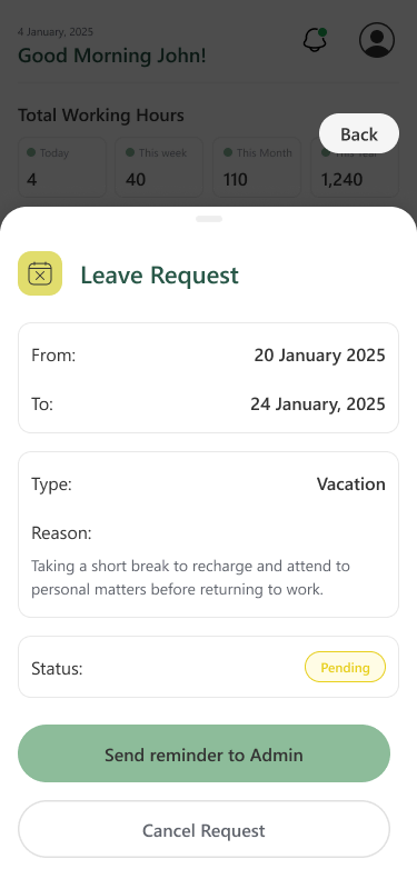 Oczekujący wniosek urlopowy z przyciskami Send reminder to Admin i Cancel Request