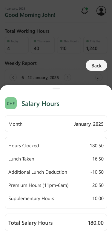 Zestawienie Salary Hours: zarejestrowane godziny, przerwa obiadowa, dodatkowe potrącenie za przerwę, godziny z dodatkiem, godziny dodatkowe i suma